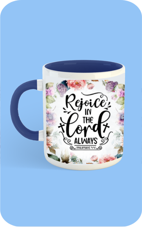 Rejoice in the lord always, white coffee mug (Dark blue)