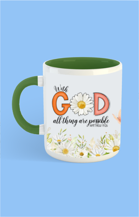 With God all things are possible, White coffee mug (Bottle green)